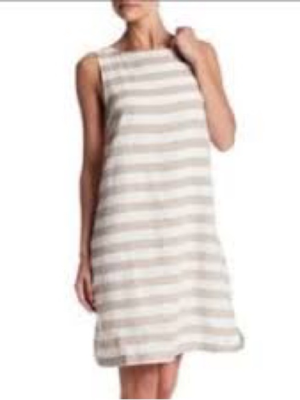 Chic Preppy Linen and Cotton Beige and White Striped Midi Dress
